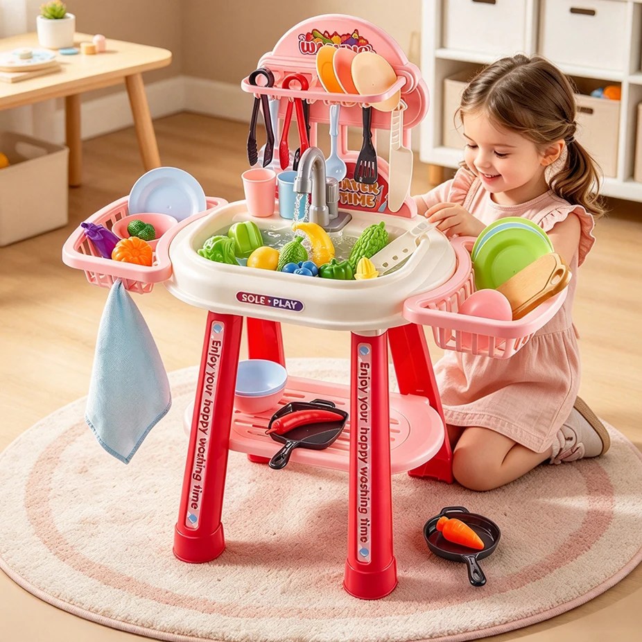 Kids Play Kitchen Sink Toy with Press Water Tap, Real Water Circulation, Pretend Dishwasher Playset for Girls Role Play Game
