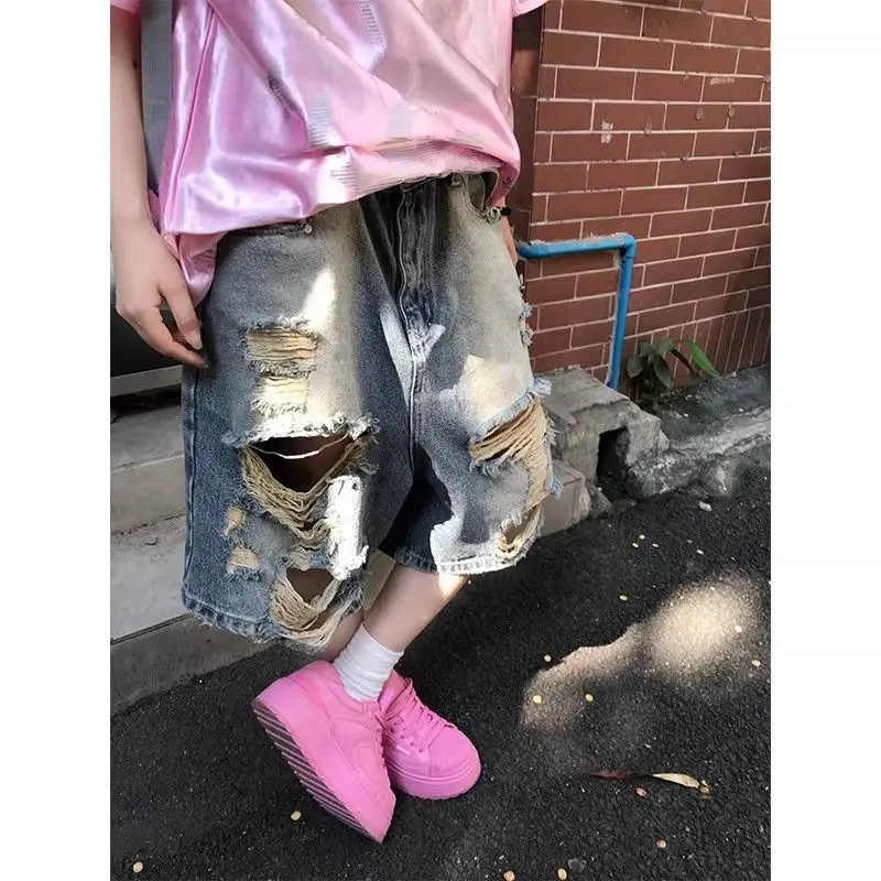 American Retro Washed Old Ripped Fashionable Denim Five-point Pants Men's and Women's Summer Loose Casual Shorts