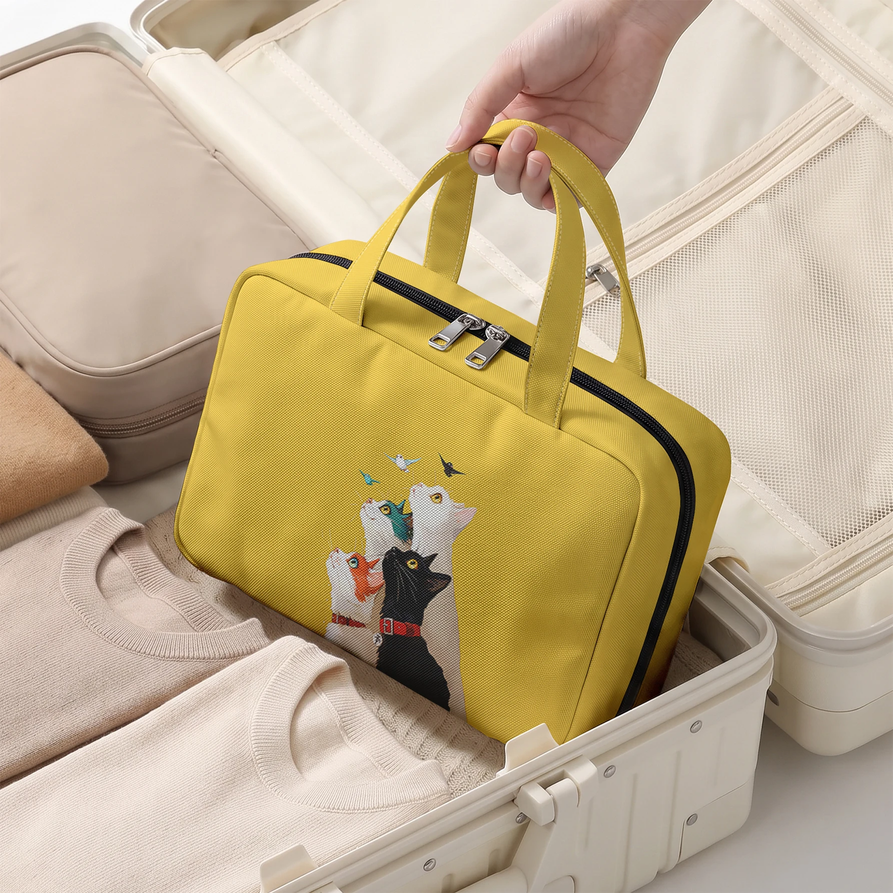Multi Cats And Birds Print Hanging Cosmetic Bag Foldable Multi Pocket Toiletry Bag For Travel Daily Use