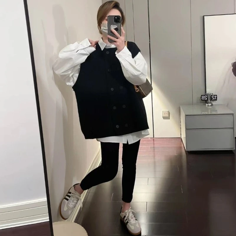 

Женский двубортный однотонный вязаный жилет без рукавов с круглым вырезом, весна-осень, Новое поступление, стильный многослойный жилет в корейском стиле