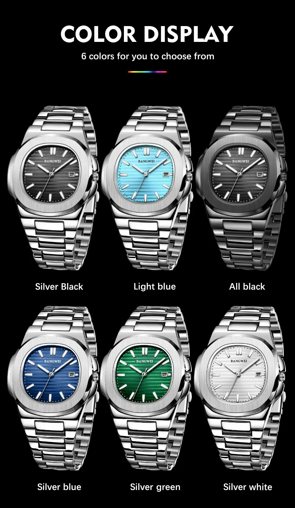 BANGWEI Modische Quadratische Quarz-Herrenuhr Wasserdicht Leuchtend mit Datumsanzeige Edelstahl-Uhren für Männer Luxuriöse Business-Herrenarmbanduhr – Detail 11
