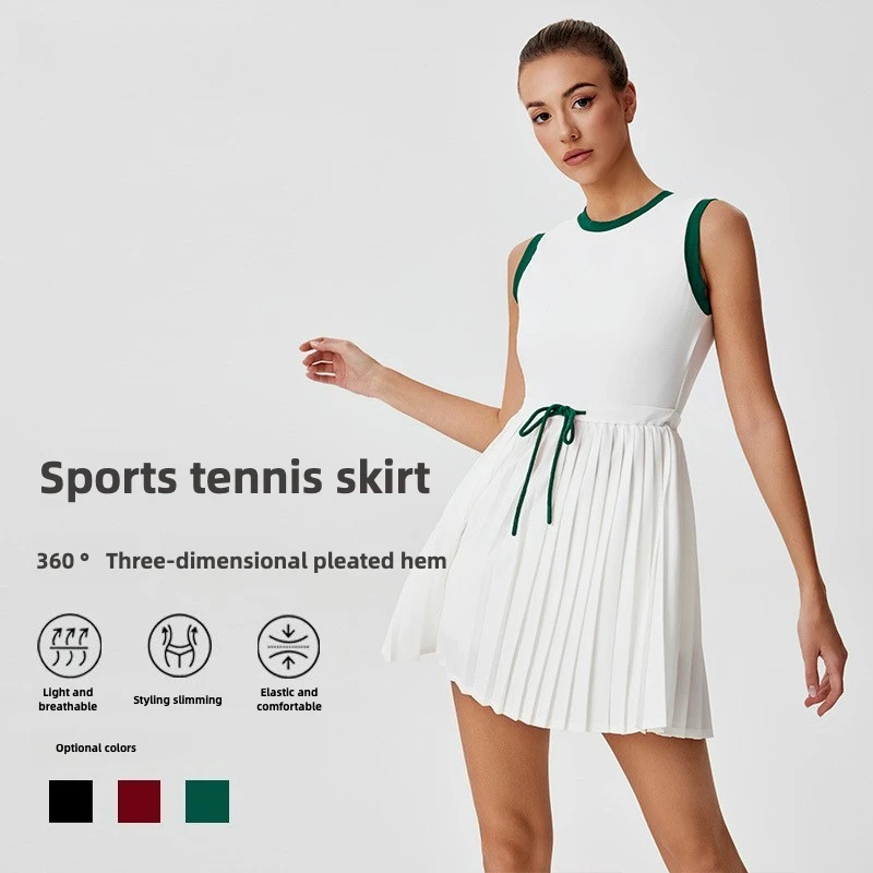 

Spring and Summer New Round Neck One-piece Tennis Skirt Women's Quick-drying Breathable Waist Contrasting Sports and Fitness