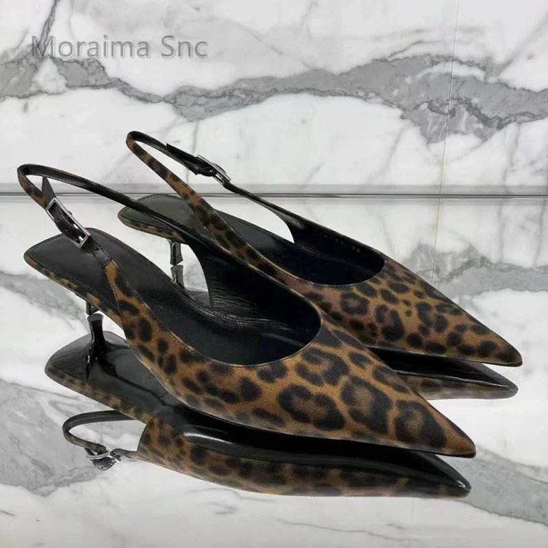 

Pointy Leopard-Print Sandals Sexy Mid-Heel Single Shoes for Women Baotou Back Empty Women's Thin Heel Singback Summer Shoes