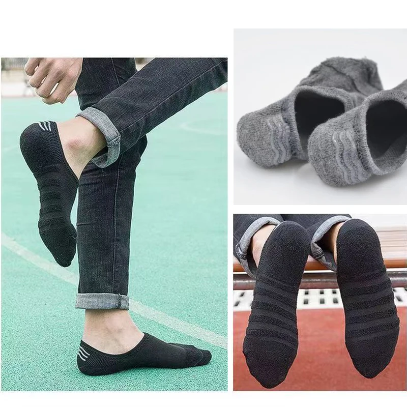 5 Pairs MEN\'S Towel-bottom Invisible Socks Solid Color All-match Casual Sports Ankle Socks with Thick Loop Short Socks Black