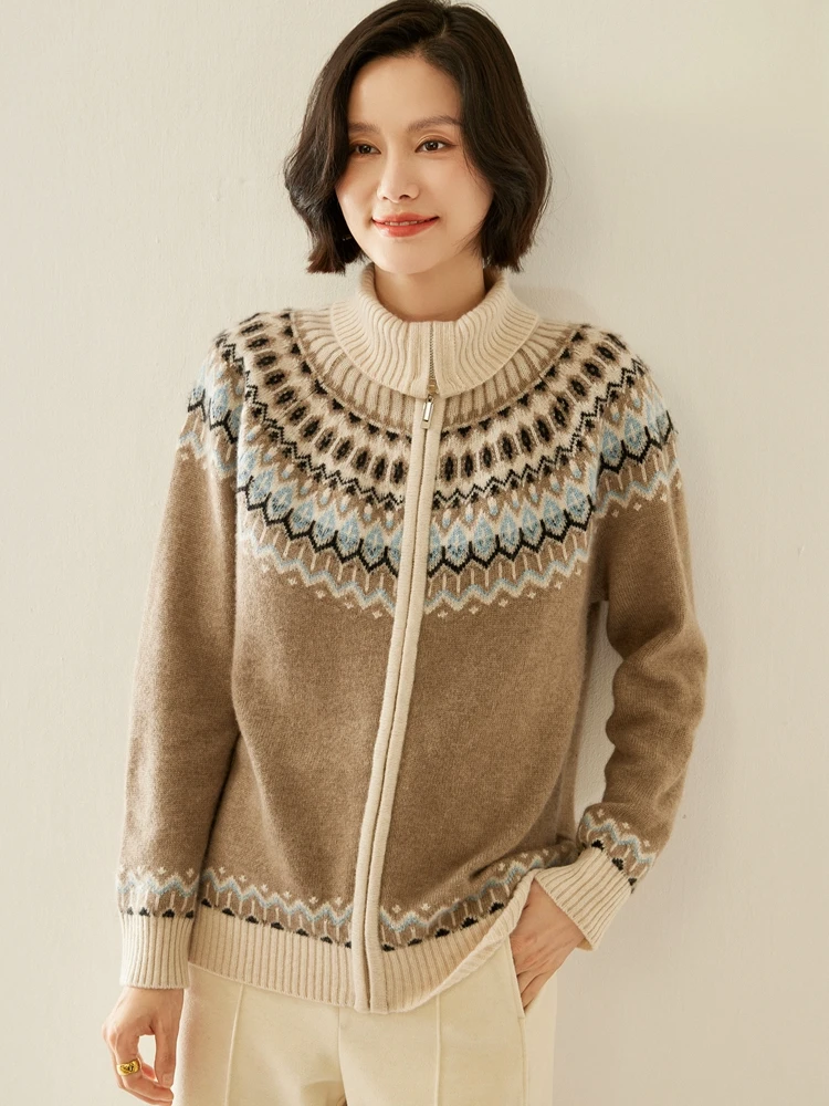 

MEETCC Autumn Winter Women's 100% Cashmere Cardigan Fair Isle Jacket Turn Down Collar Zipper Soft Jacquard Knitwear Tops