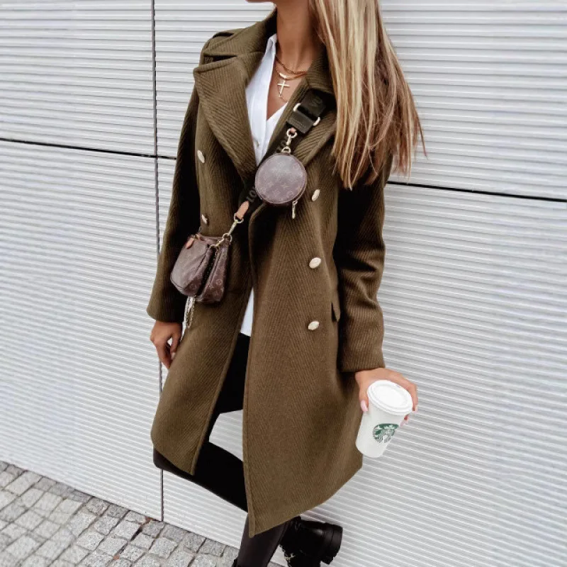 Cappotto di lana casual di media lunghezza doppiopetto Primavera 2025 Capispalla Faion da donna Pantaloni lunghi a vita alta Regular Thin