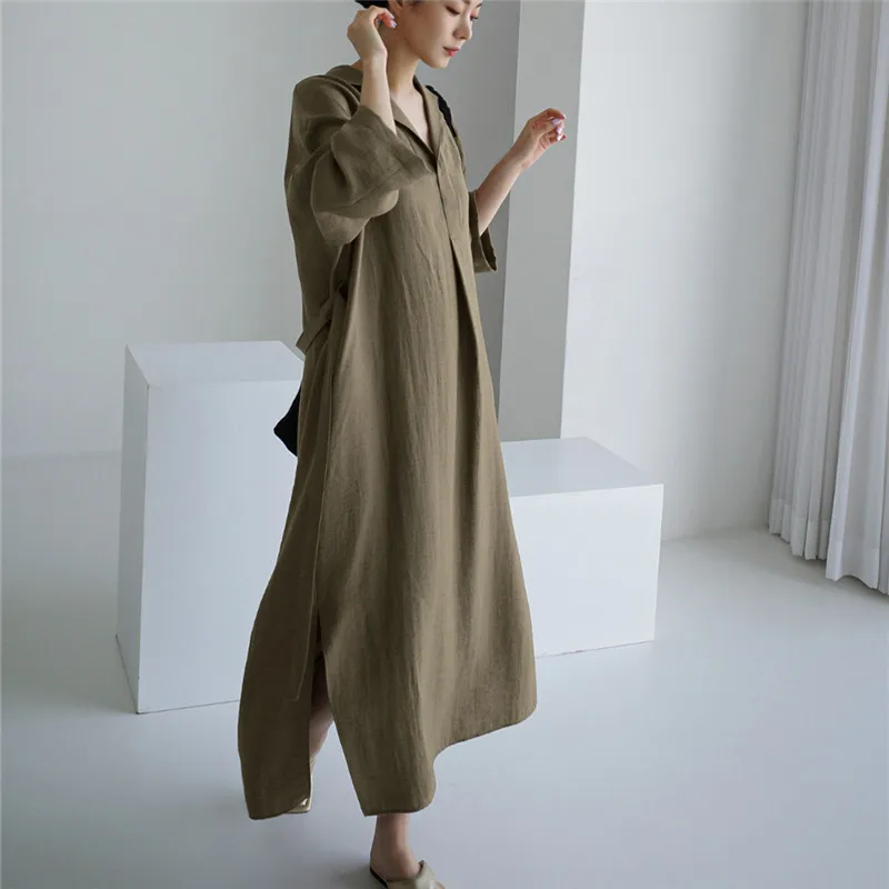 Casual Loose Long Dresses For Women 2025 Fall Winter Long Sleeve Turn-down Collar Maxi Dress Elegant Vestidos