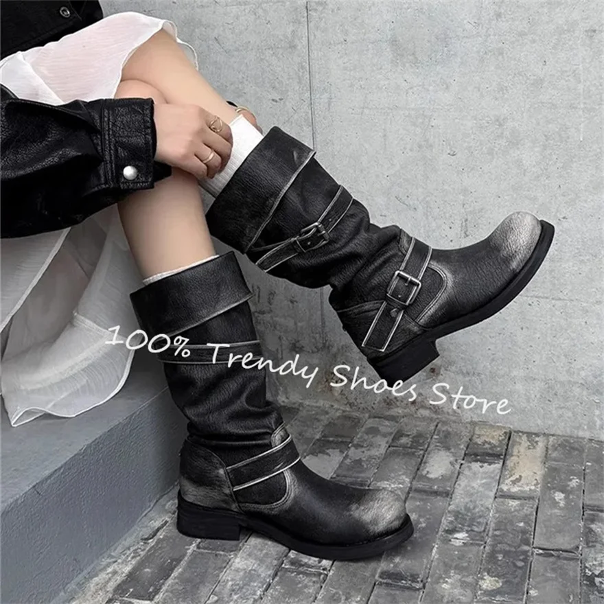 Retro Pleated Belt Buckle Decor Western Cowboys Boots Women Turned-Over Edges Mid-Calf Boots Ladies Slip-On Chunky Heel Boots
