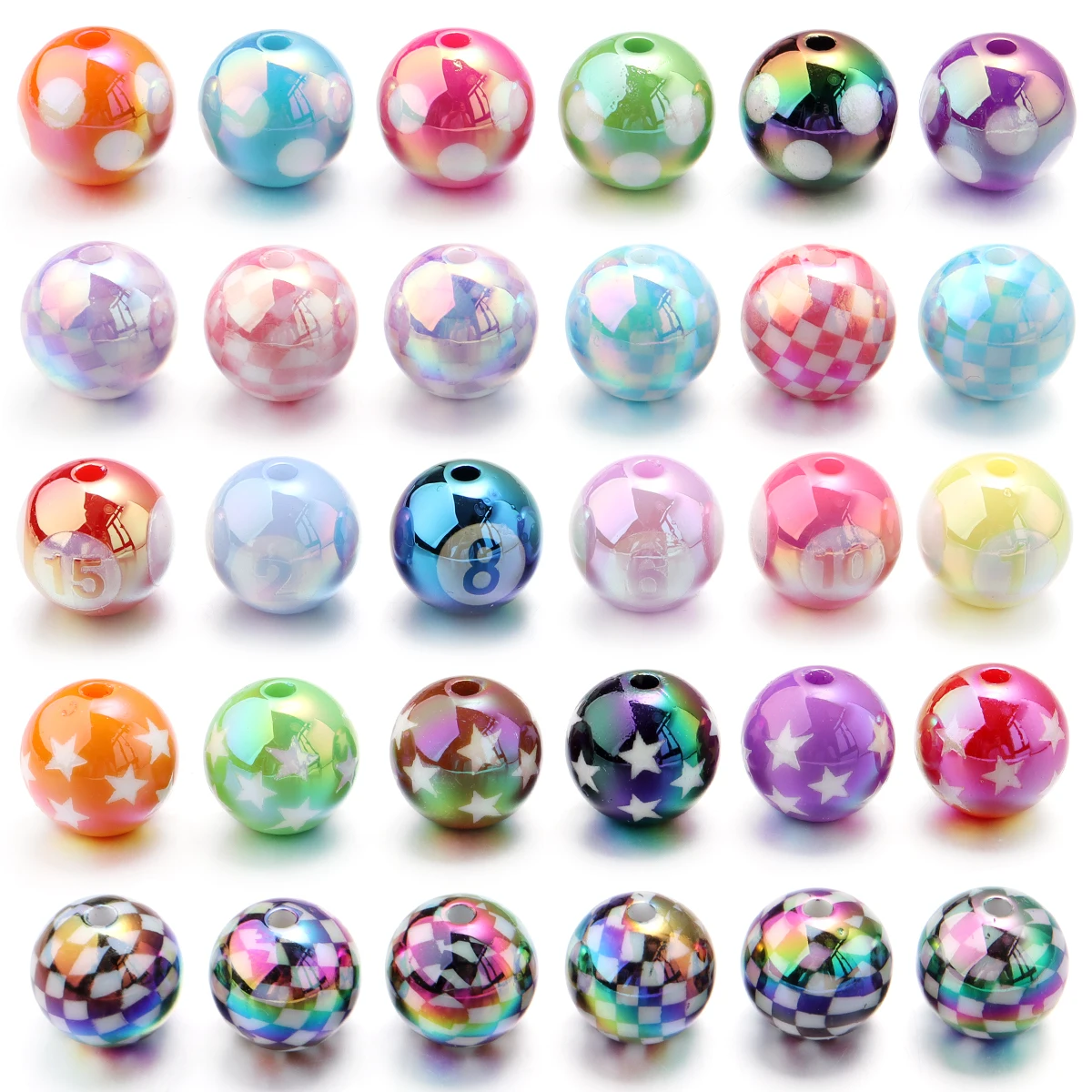 10pcs Acrylic Plated UV Colored Printed Straight Hole Round Beads For DIY Handmade Bracelet Necklace Jewelry Accessories Making