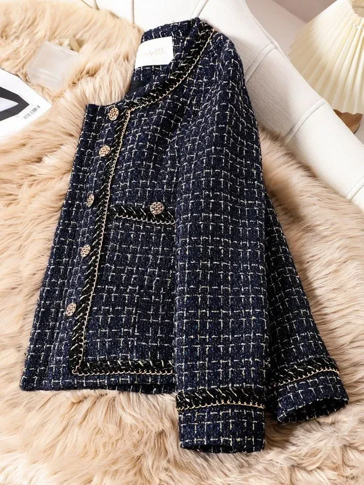 سترات نسائية قصيرة فضفاضة برقبة دائرية من التويد معاطف كورية غير رسمية واحدة الصدر مقصوصة بلوزات أنيقة سوداء طويلة الأكمام Abrigos Blusas