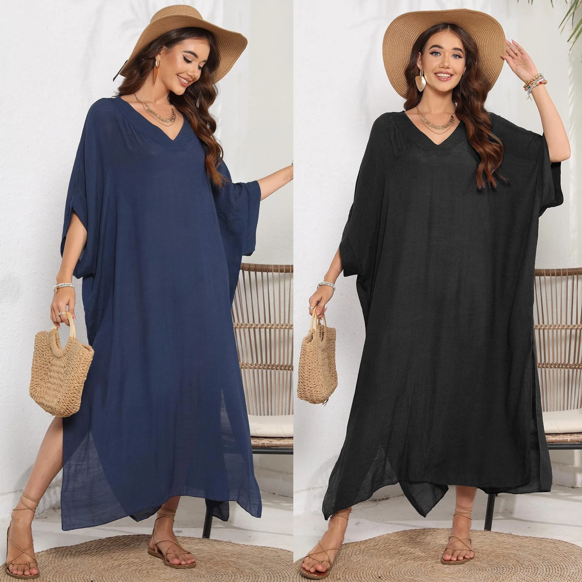 Robe de plage longue pour femmes, caftan bleu noir, décontracté, ample, Cover-Up pour Bikini, col en v, fendue, protection solaire, vêtements de plage, été