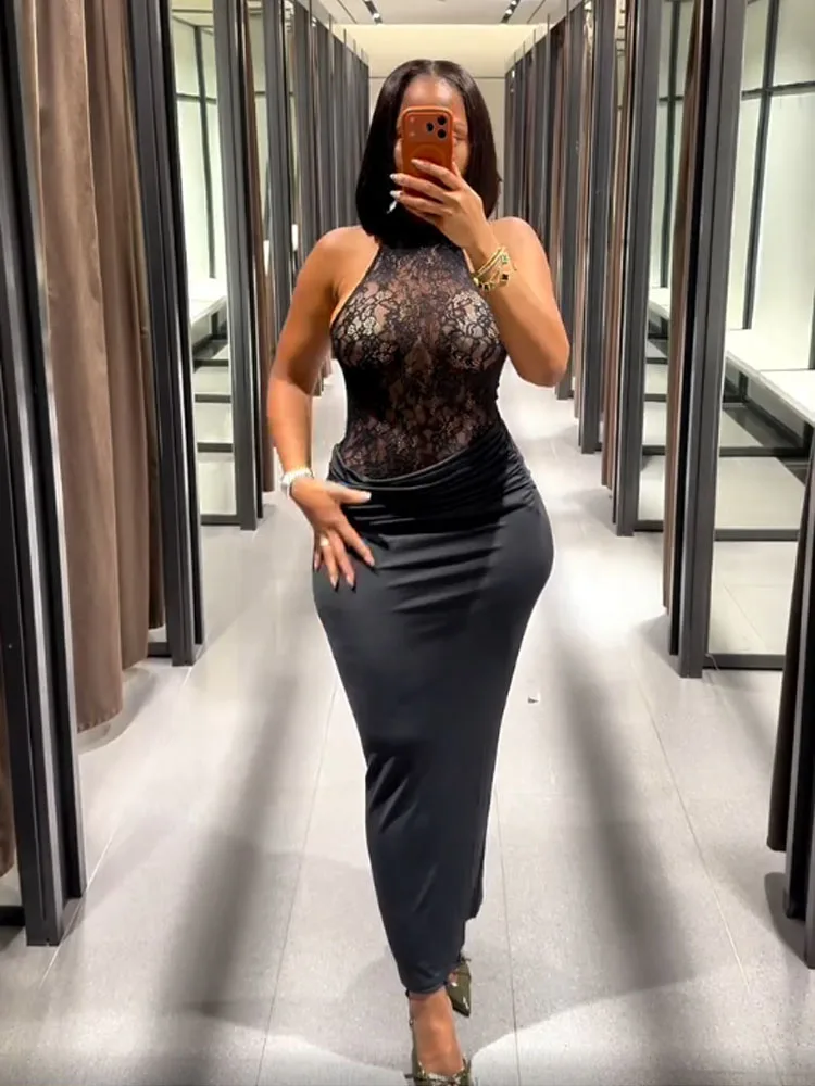 

HH женское летнее модное длинное платье без рукавов с лямкой на шее, кружевное платье с открытыми складками и украшением, женское сексуальное вечернее платье