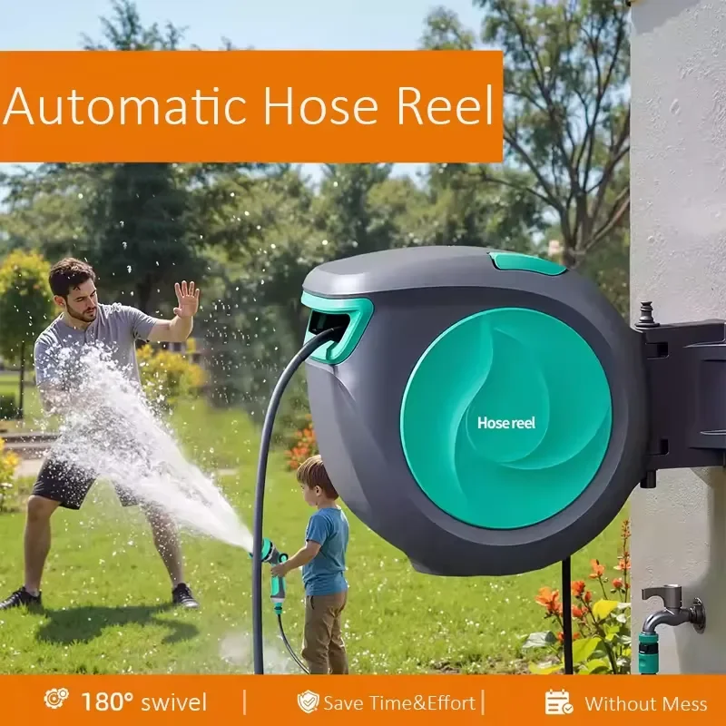 Automatic Retractable Hose Reel Free Pull and Stop Simplify Your Irrigation 180° Free Rotation Garden Hose Reel PVC 1/2