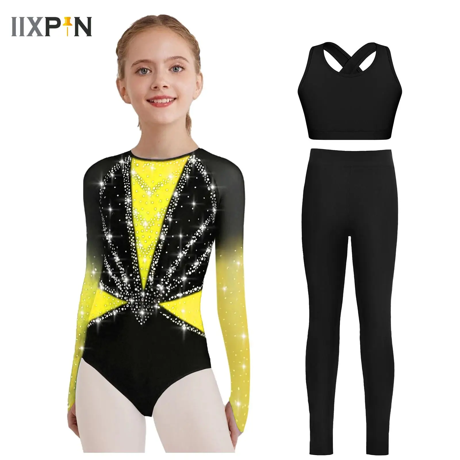 

Youth Girls' Athletic Ballet Dance Leotards 3-Piece Sparkle Unitards Bodysuit Vest Tops Leggings Gymnastics Sets Fitness Sports