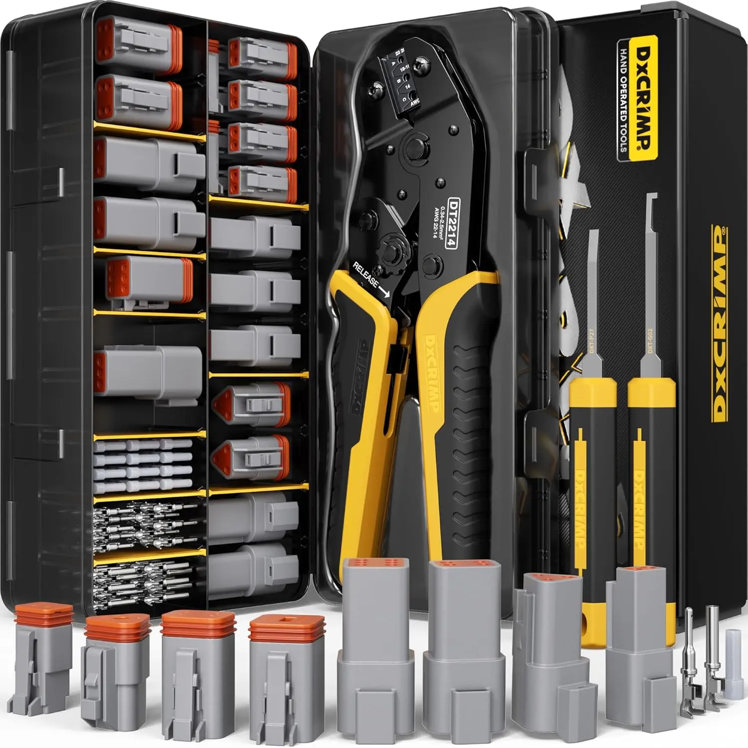 

Deutsch DT Series Connector Crimping Tool Kit 2/3/4/6 Pin Waterproof Automotive Electrical Connectors with 22–14 AWG Deutsch Cri