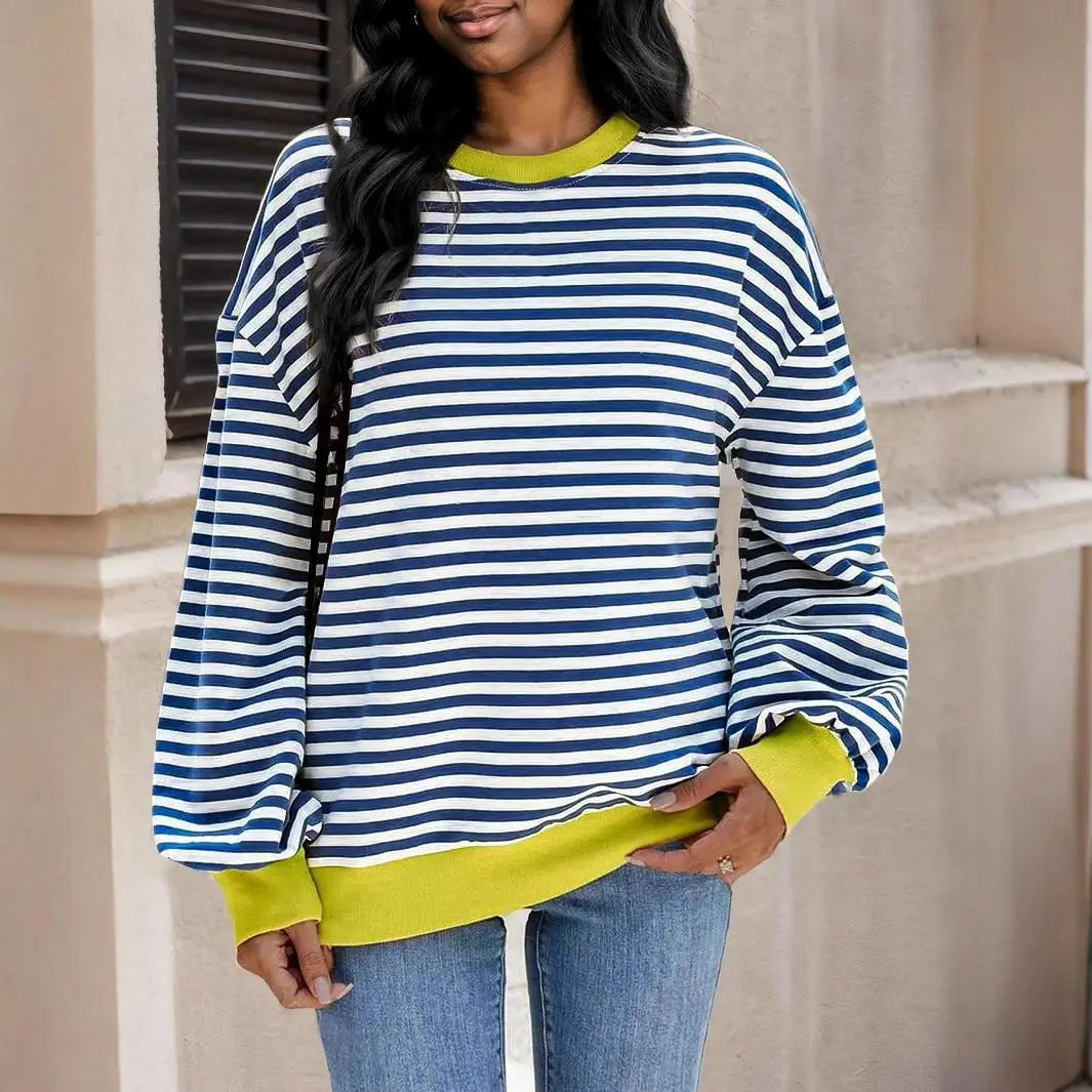 

Large Striped Long Sleeve Pullover Shirt Women's plus Size Fashionable Casual Top round Neck Polyester Fiber
