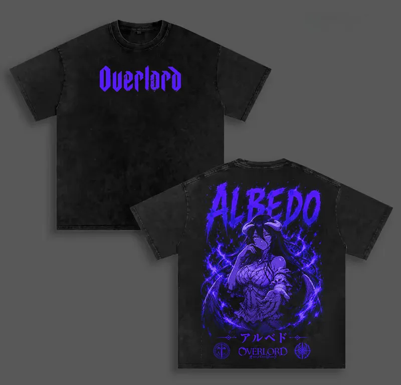 Gothic Fashion Overlord Anime T-shirt Men Clothing Albedo Vintage Washed T Shirt Summer Cotton Tees Tops Casual Loose Clothes