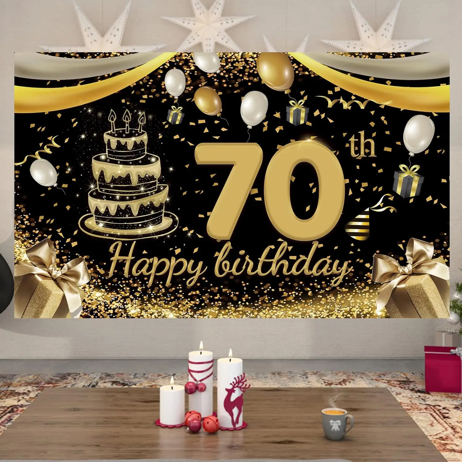 لافتة عيد ميلاد سعيد، لافتة زينة عيد الميلاد الذهبية السوداء السبعين مناسبة للرجال والنساء في أي خلفية للاحتفال بعيد الميلاد #1