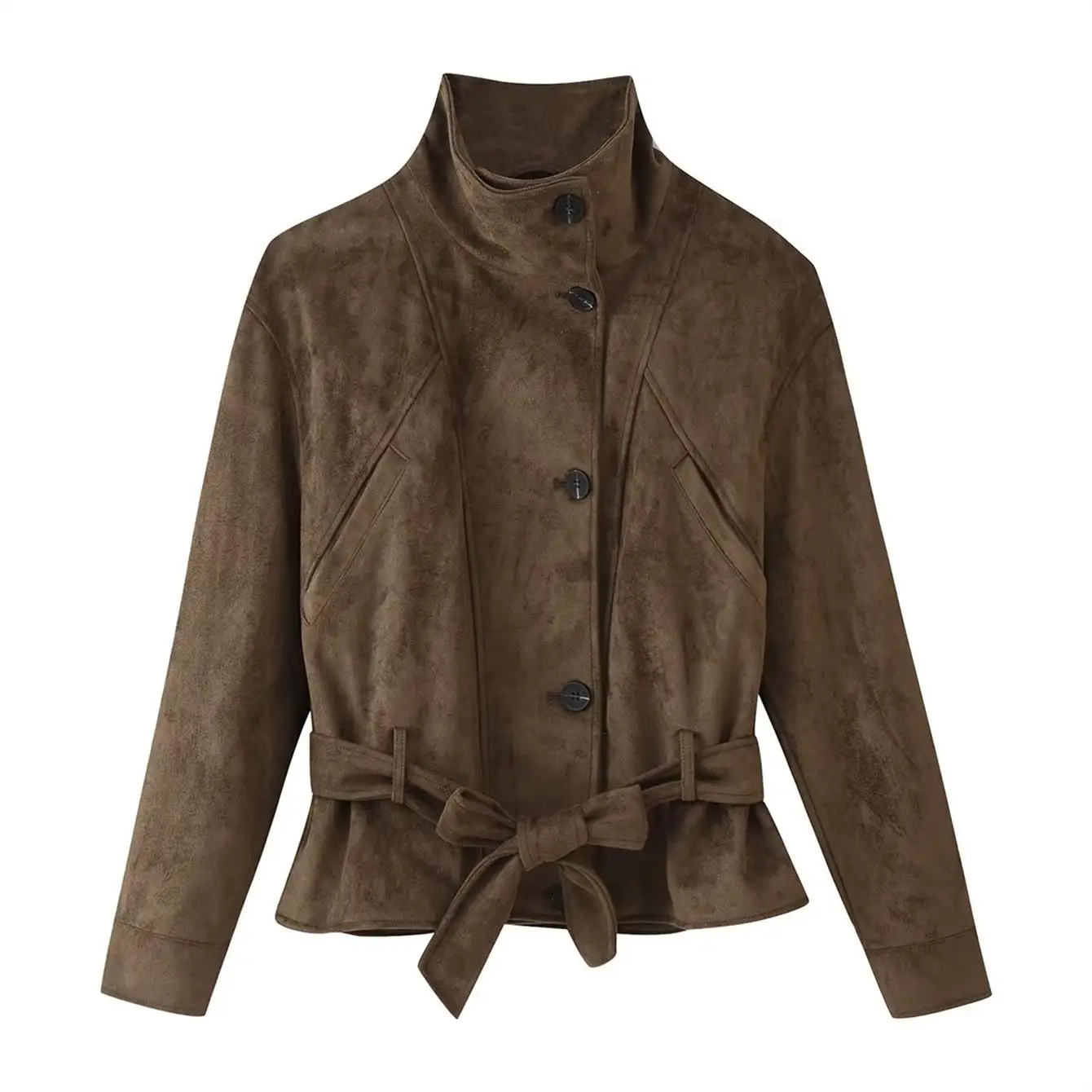New Women's Belt Suede Short Jacket Elegant Stand Collar Long Sleeve Single Breasted Fashion Coat Autumn Winter Lace Up Jackets 7