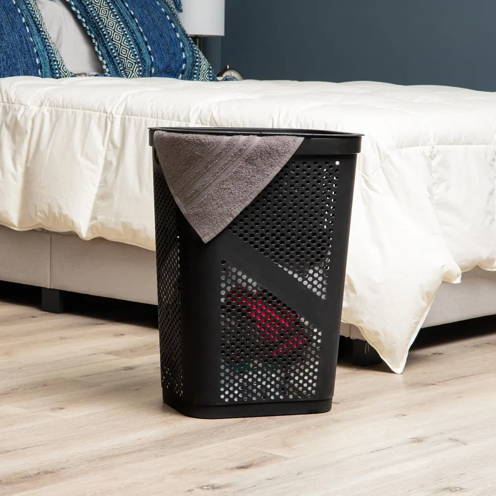 

60L Slim Laundry Hamper with Lid, Ventilated Plastic Clothes Basket for Small Spaces, Black