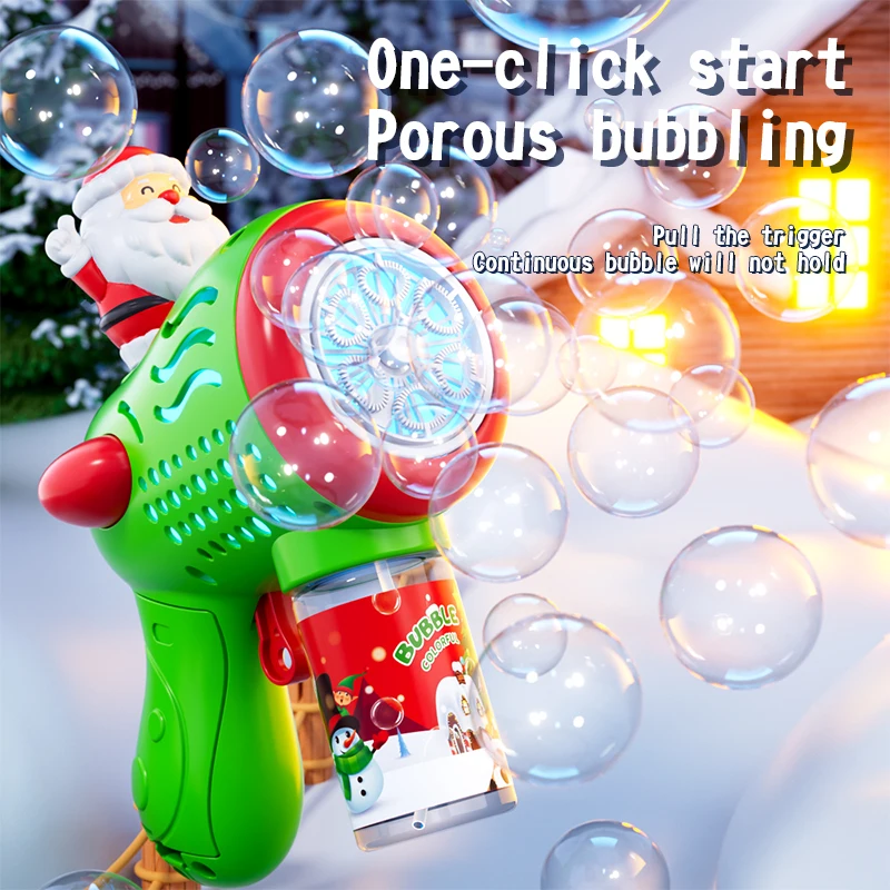 Christmas 6-hole handheld automatic bubble gun continuously produces bubbles, LED lights, outdoor gathering atmosphere, holiday