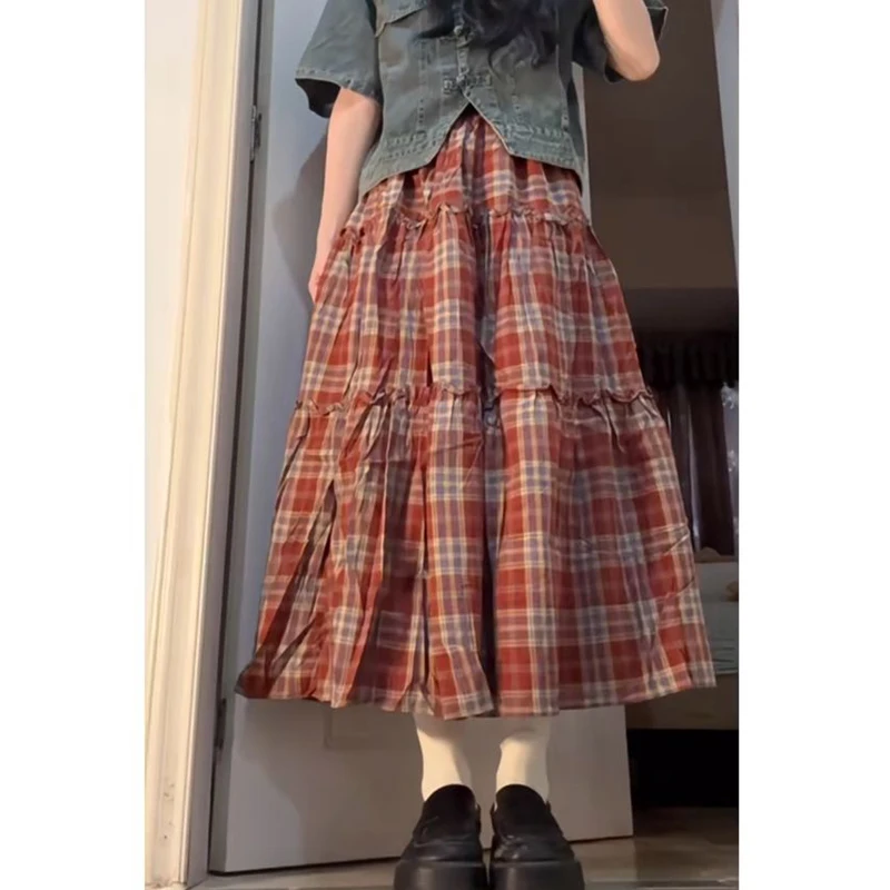 Women Clothing 2024 Summer Trendy Vintage Plaid Print Ruffled Harajuku Skirts Y2K Female Casual High Waist Loose Chic Midi Skirt