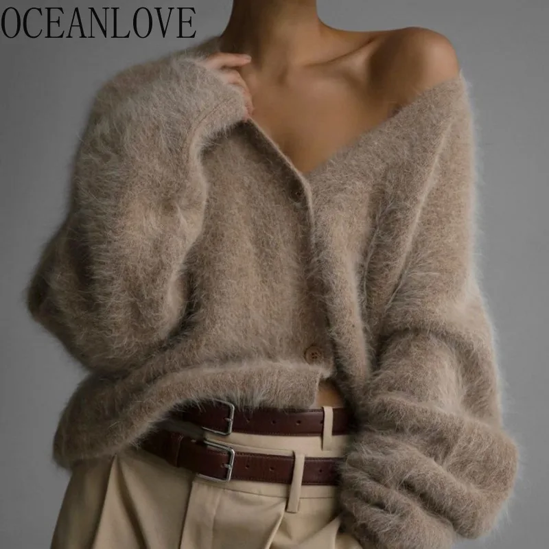 OCEANLOVE Autumn Winter Women Sweaters Mink Cashmere V Neck Solid Vintage Cardigans Vintage Warm Fashion Sueteres Mujer