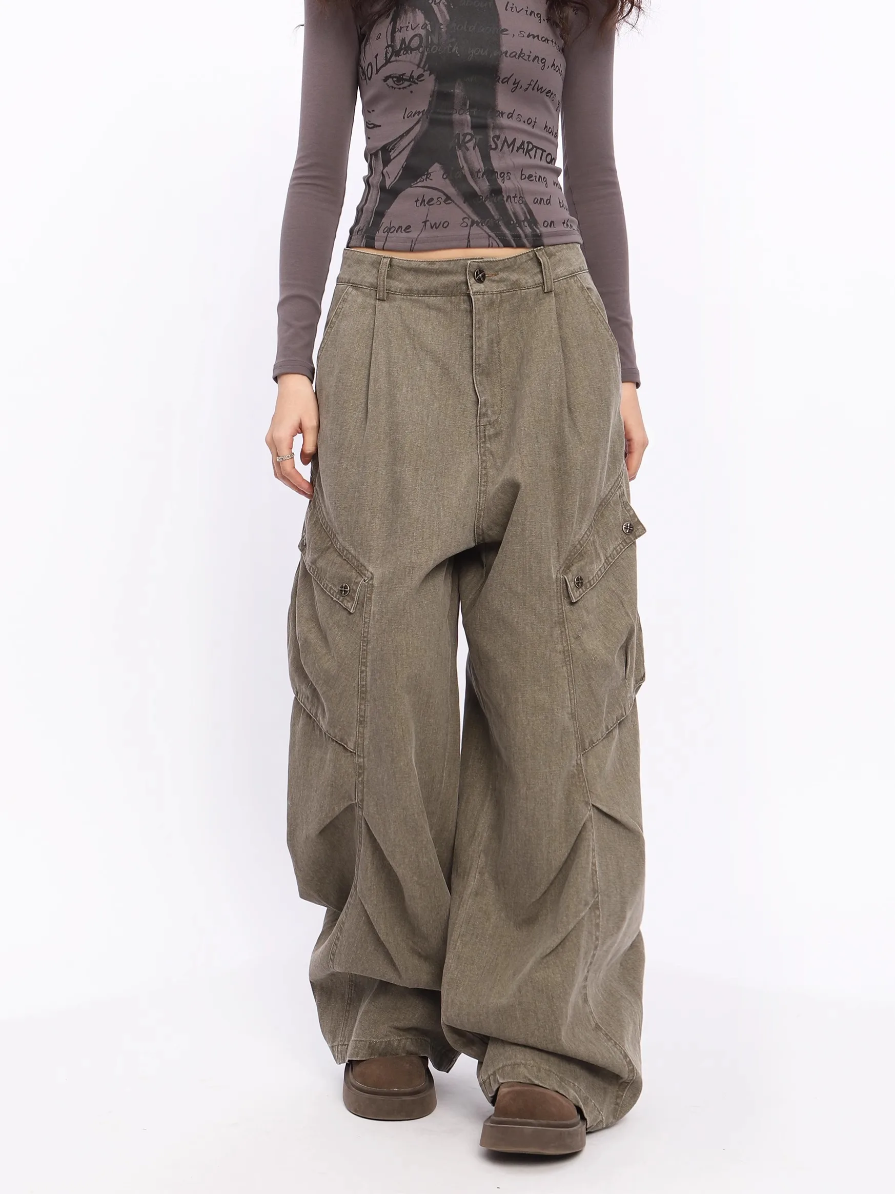 Women's Army Green Pants Y2k 2000s Retro Oversize 90s Fashion Baggy High Waist Trouser Harajuku Wide Leg Pants for Women Clothes