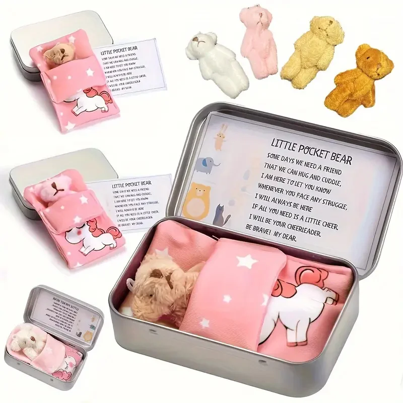 Pocket Bear Tin Soft Stuffed Bear Pocket Toys Stress Little Day Plush Buddy - Bear Lush Mini Bear Doll Children Tin Box Doll