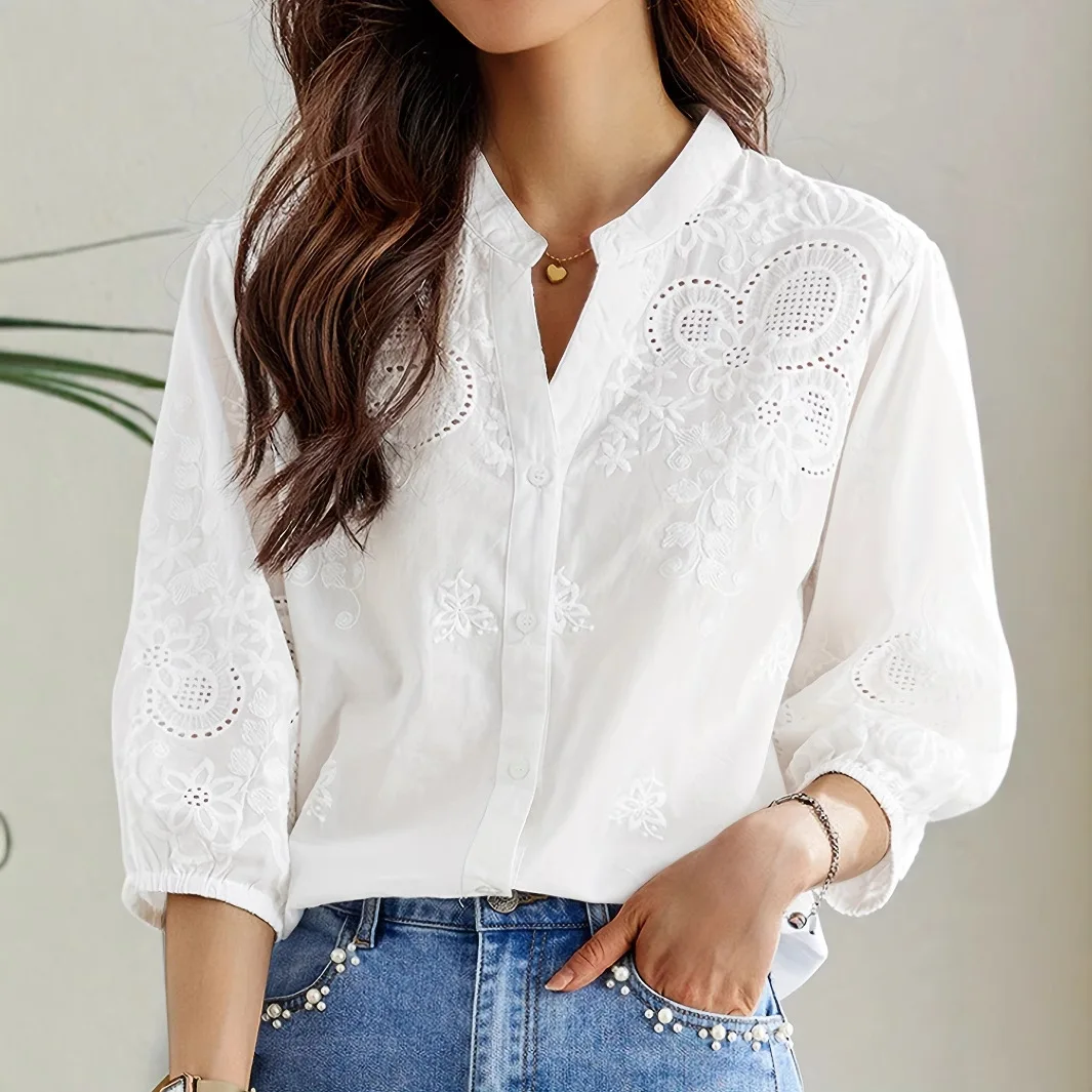 

Women's Summer White Embroidered Shirt With Seven Sleeve Top For Women Рубашка Женская Camisa Mujer Blusas Para Dama