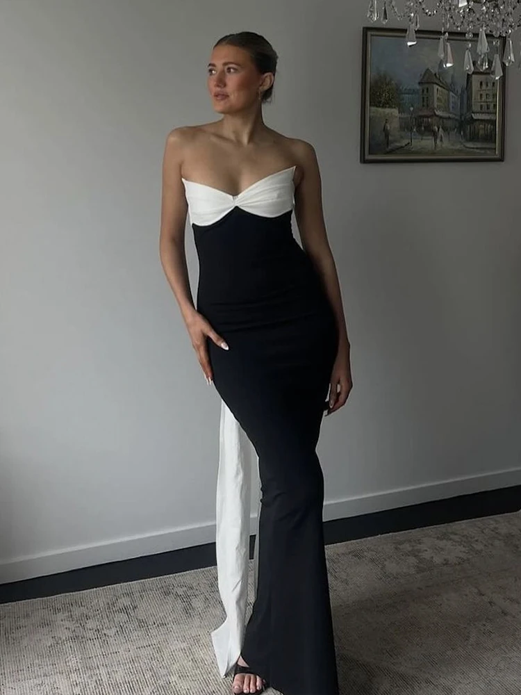 InGrily Abito da festa di compleanno Donna Nero Bianco Patchwork Avvolgente sul petto Fasciatura Extra-lunga Nappa Elegante Backless Fit Abiti di tendenza