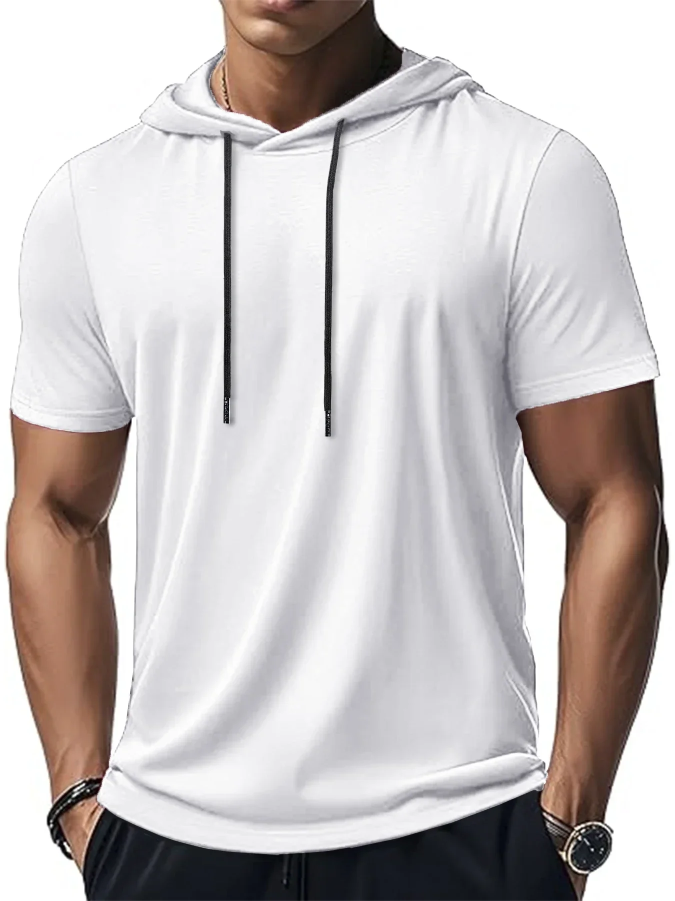 Trendiger und modischer, dünner Stil für Herren, atmungsaktiv, locker, Outdoor, Laufen, lässig, Top, Sport, kurzärmelig, T-Shirt mit Kapuze – Detail 2