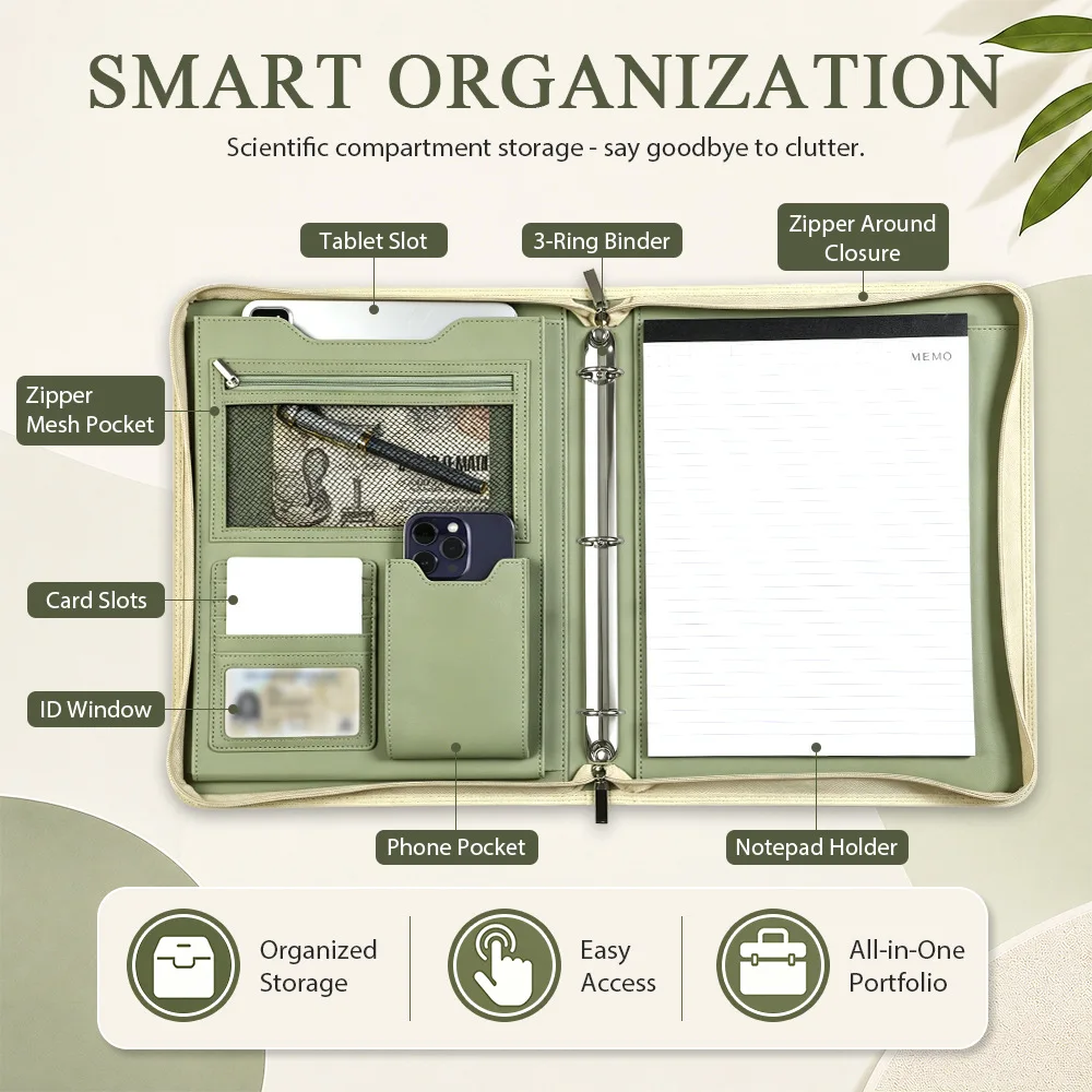 A4 Zipper Document Organizer Portfolio with 3 Ring Binder, Card Slots and Tablet Sleeve, PU Leather Business File Folder Case