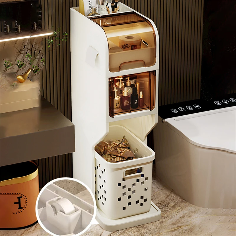 

Bathroom Gap Storage Cabinet Toilet Movable Storage Rack with Drawer Bathroom cabinet Floor Shelve with Dirty Clothes Basket