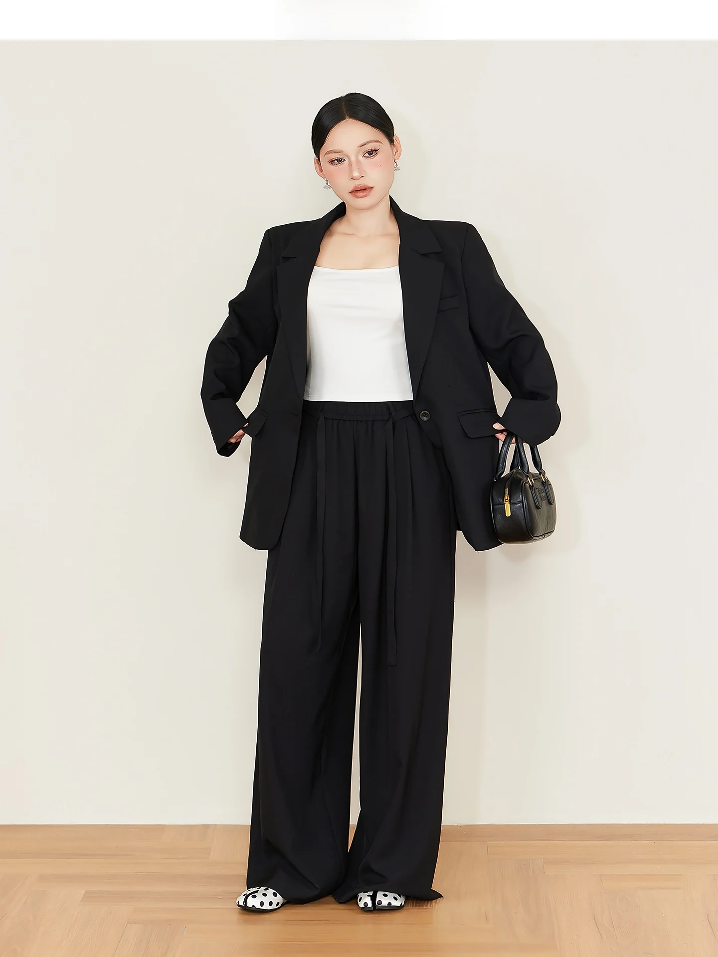 

plus Size Women's Suiting Set Casual Loose Slimming Two-Piece Black Jacket Wide Leg Pants Korean Style Spring Fashion