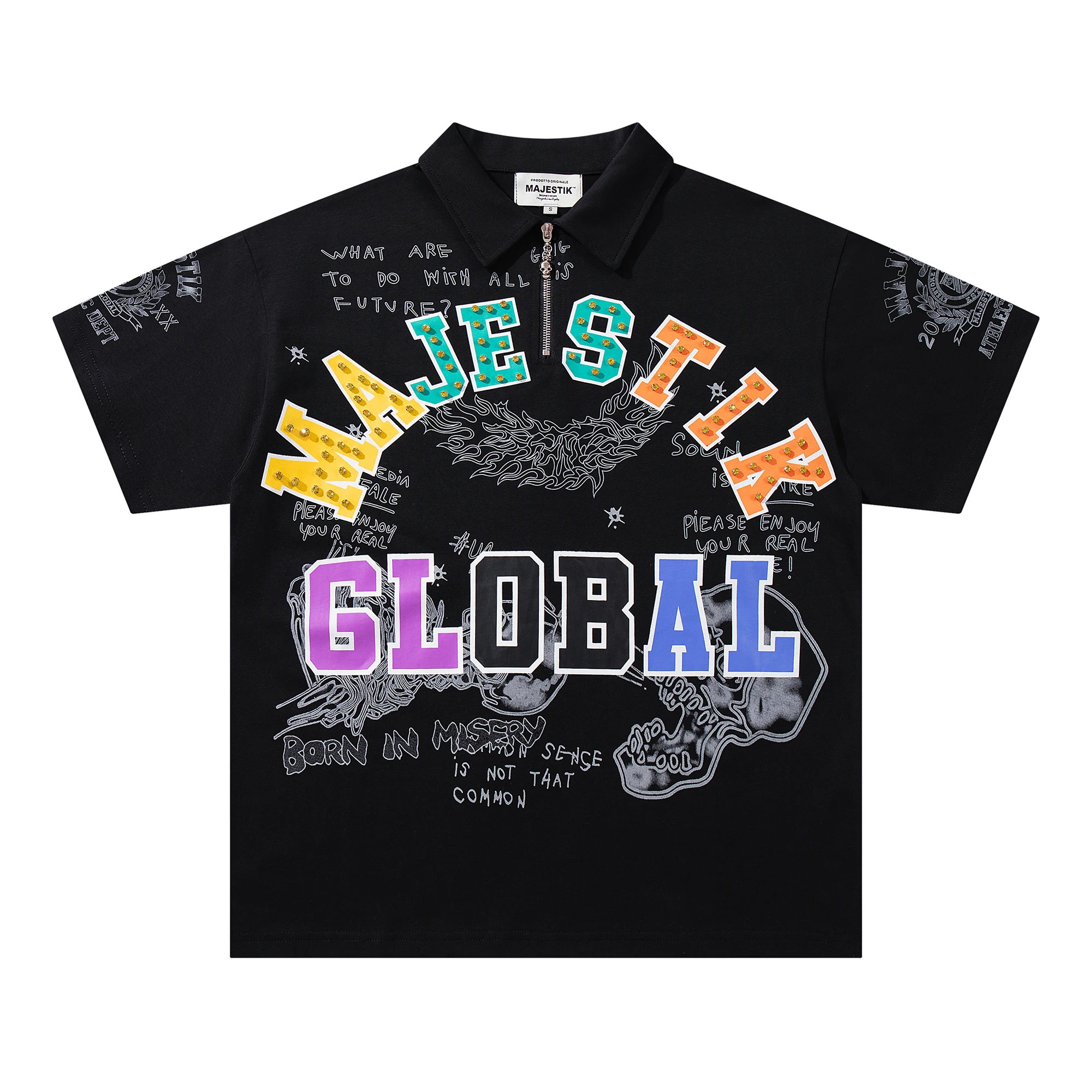 Y2K Streetwear Oversized Half Zip Polo Shirts Men Colorful Shinning Diamon Graffiti Print Loose Fit Hip Hop Casual Tshirt Tee