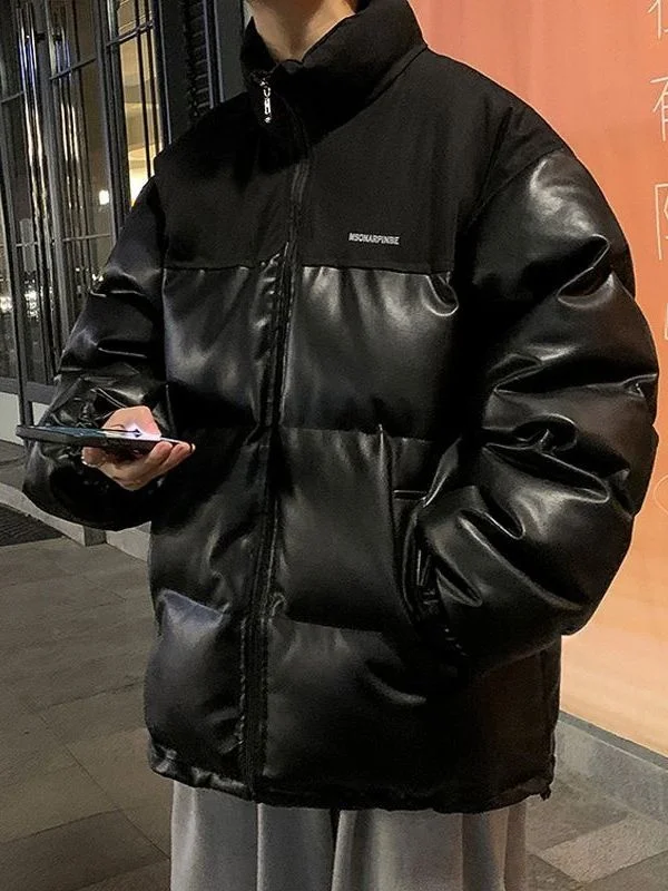 

American Sle Loose Fit Thiened Cotton Jaet Men's Casual Winter Outerwear Warm Stand Collar Leather Cotton Coat