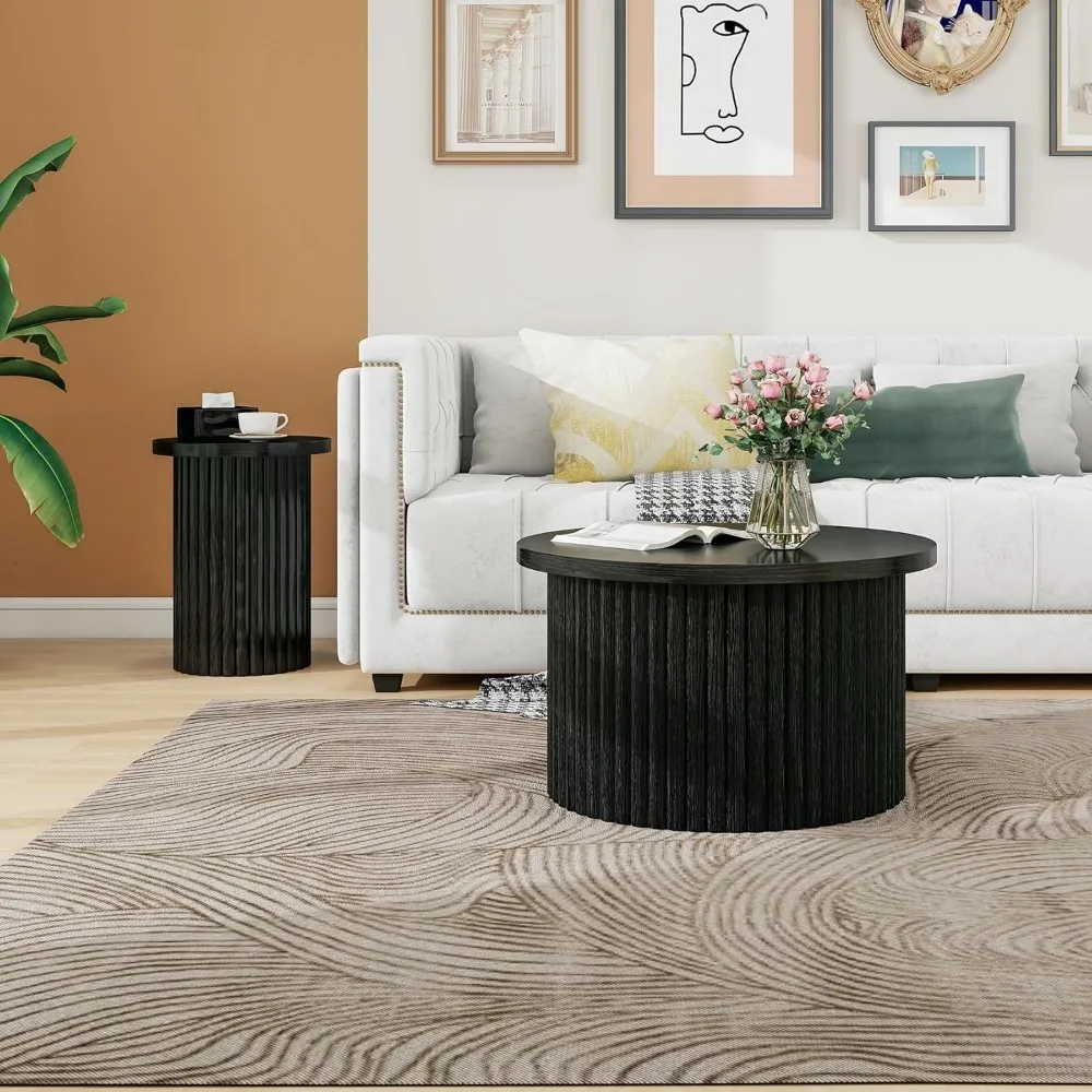 Set di 2 tavolini da caffè impilabili in legno, tavolini rotondi moderni con piedini antiscivolo, tavolini scanalati Nesting per soggiorno Bal