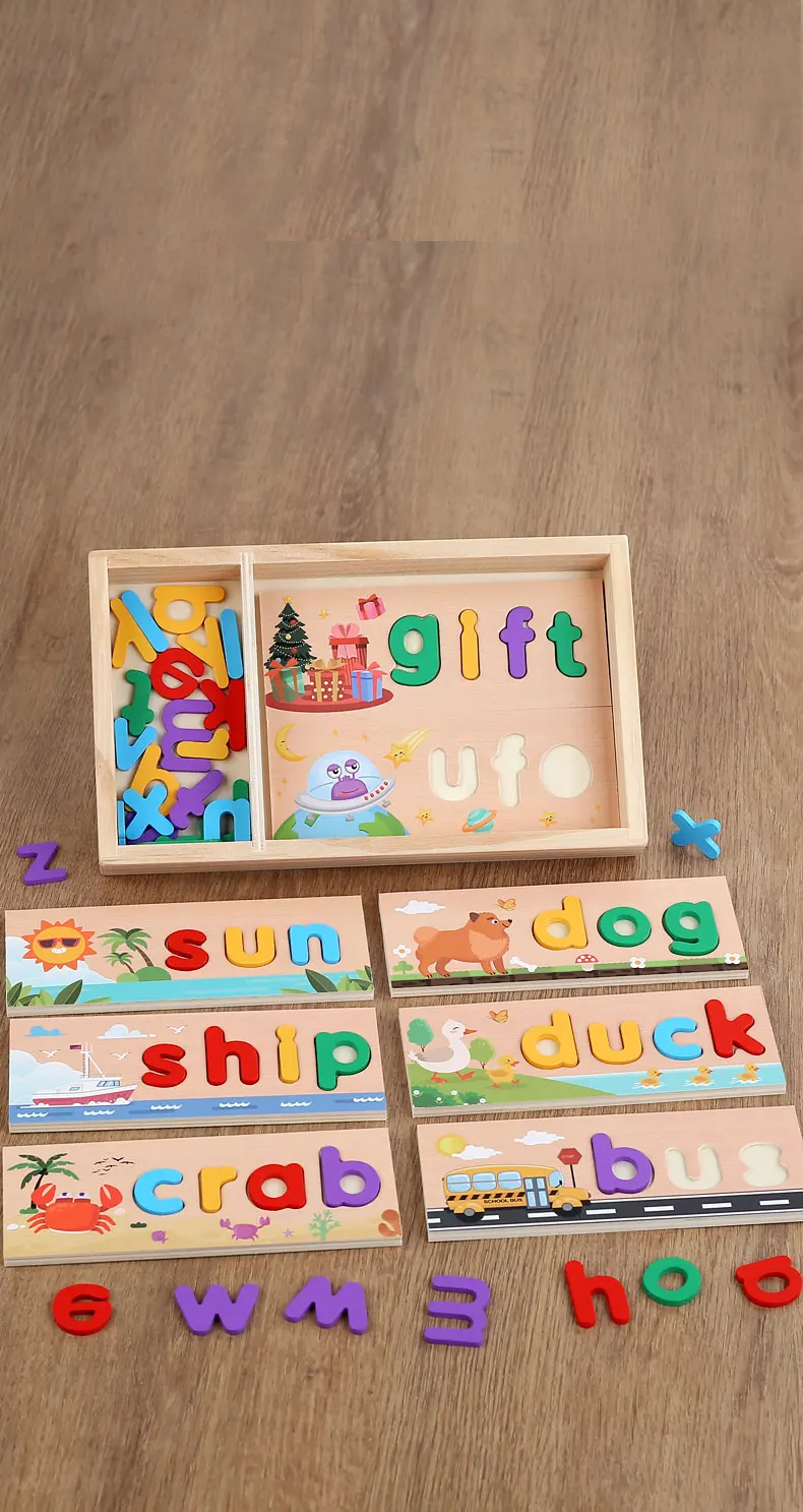 Montessori Wooden Double-Sided Large Letter Building Blocks Puzzle Safe Material Fine Motor Skills And Visual Word Education 3+