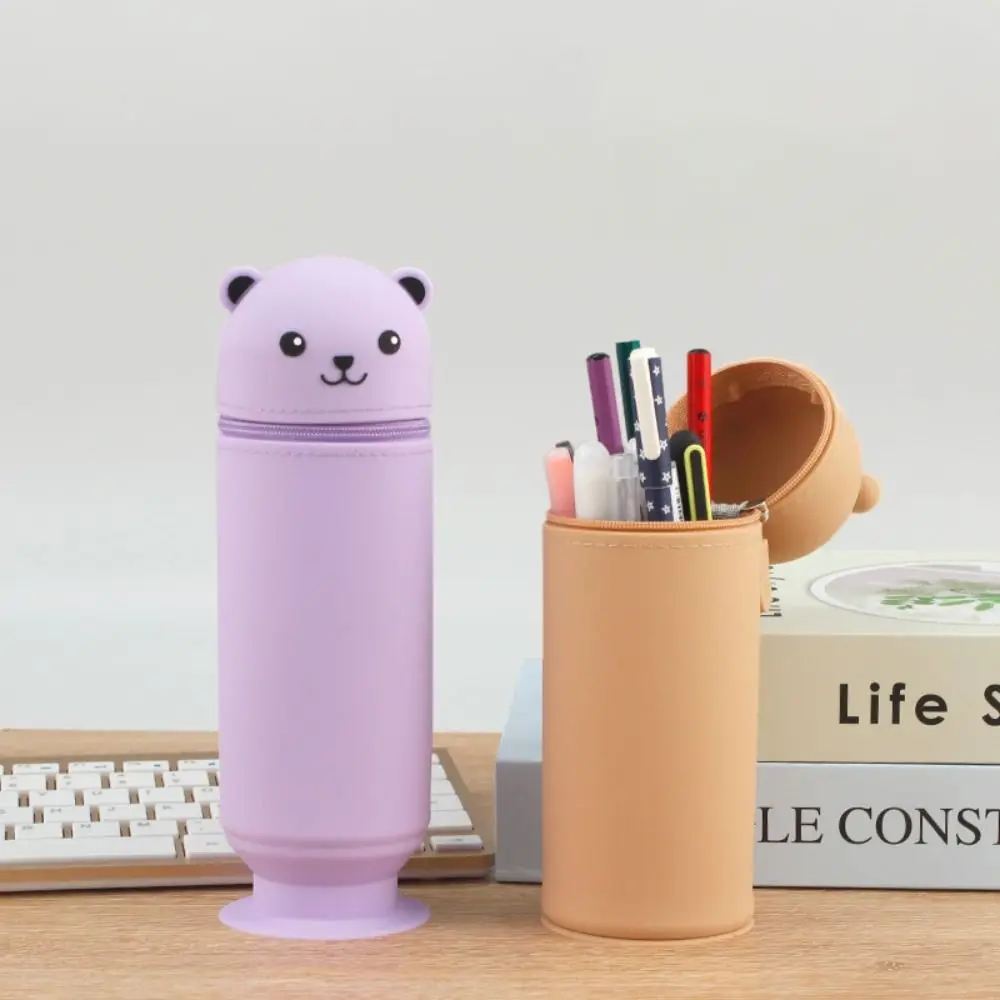 Cute Animal Cartoon Bear Pencil Case Silicone Creative Pencil Pouch Big Capacity Stand Up Stationery Box Desk Organizers