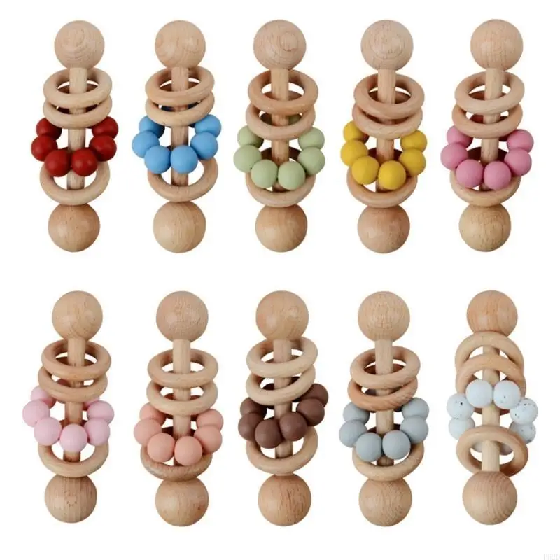 

F62D Baby Wooden Rattle Grip Toy Baby Teething Toy Hand Bells Toy for Hearing Sensory Stimulation Nursing Gift