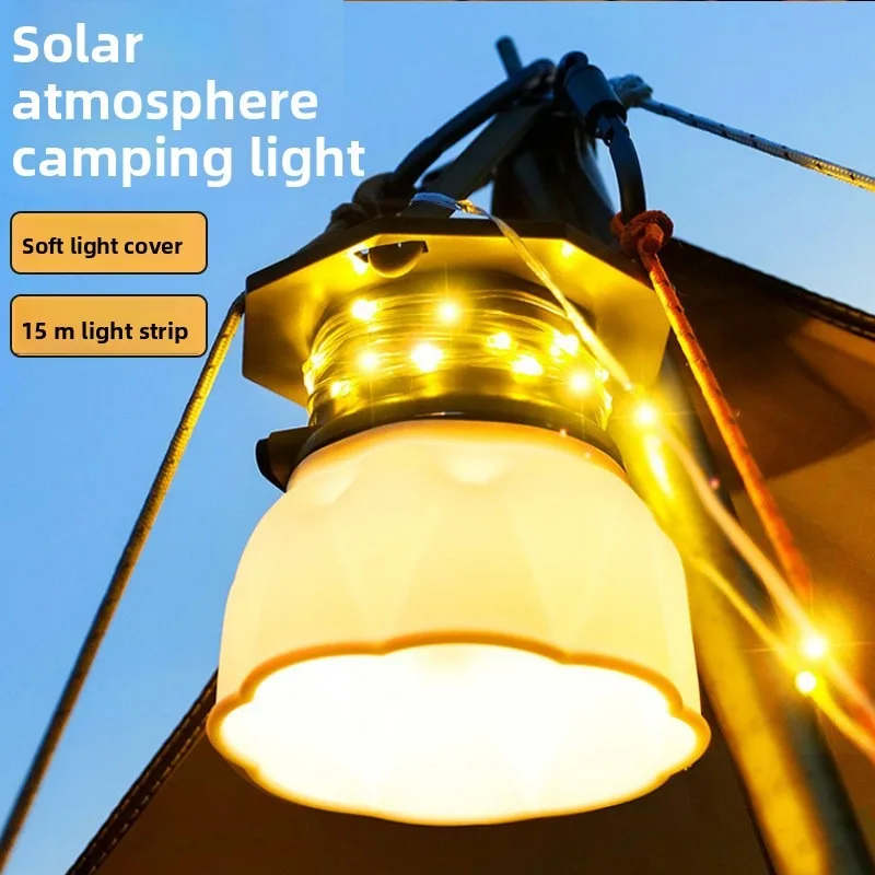 Outdoor Solar Camping Light, 15m LED String Lights with Tape Measure Storage, Rechargeable, Ambient Tent & Camping Lamp