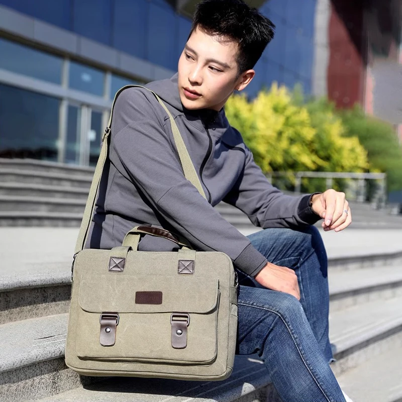 Men'S Canvas Briefcase Designer Lawyer Document Work Business Large Capacity Satchel Tote Handbag Shoulder 14 Inch Laptop Bag