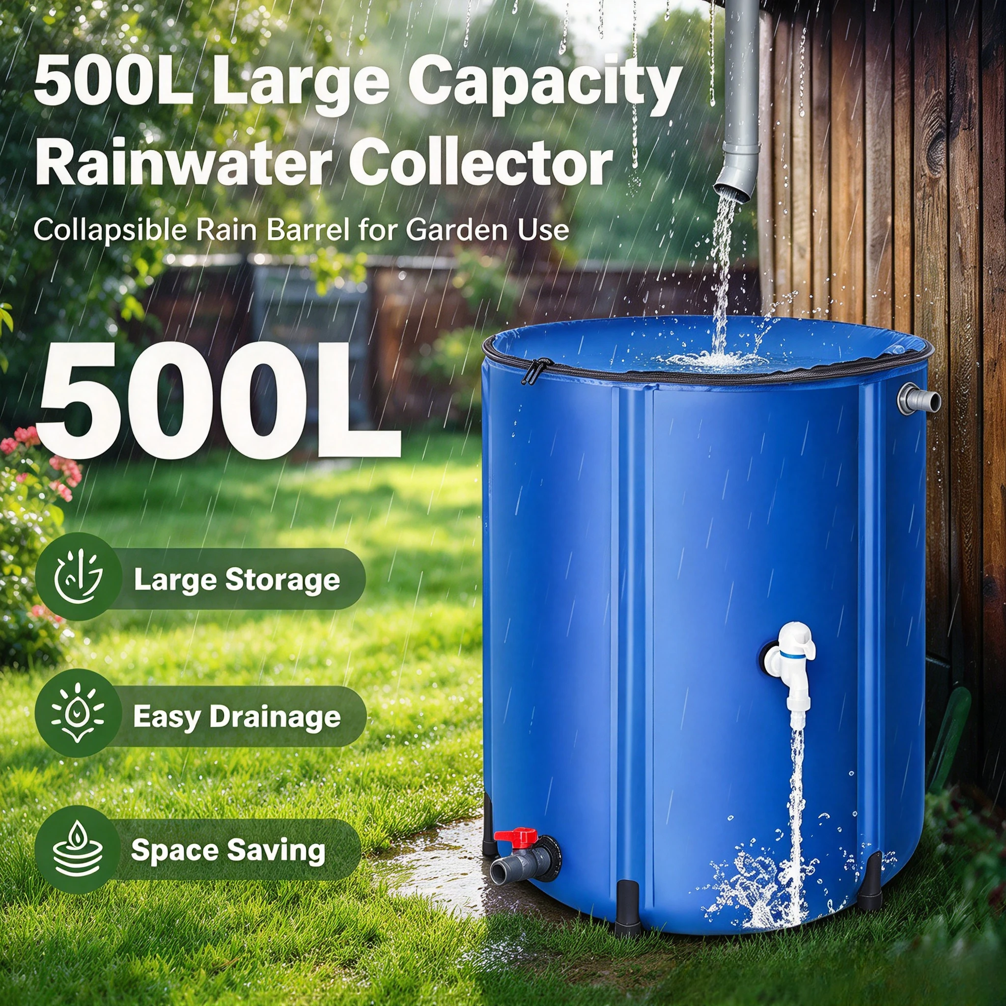 500L Foldable Rainwater Collector Rain Barrel Water Storage Tank Leaf Filter Tap Car Water Bucket Garden Lawn Irrigation