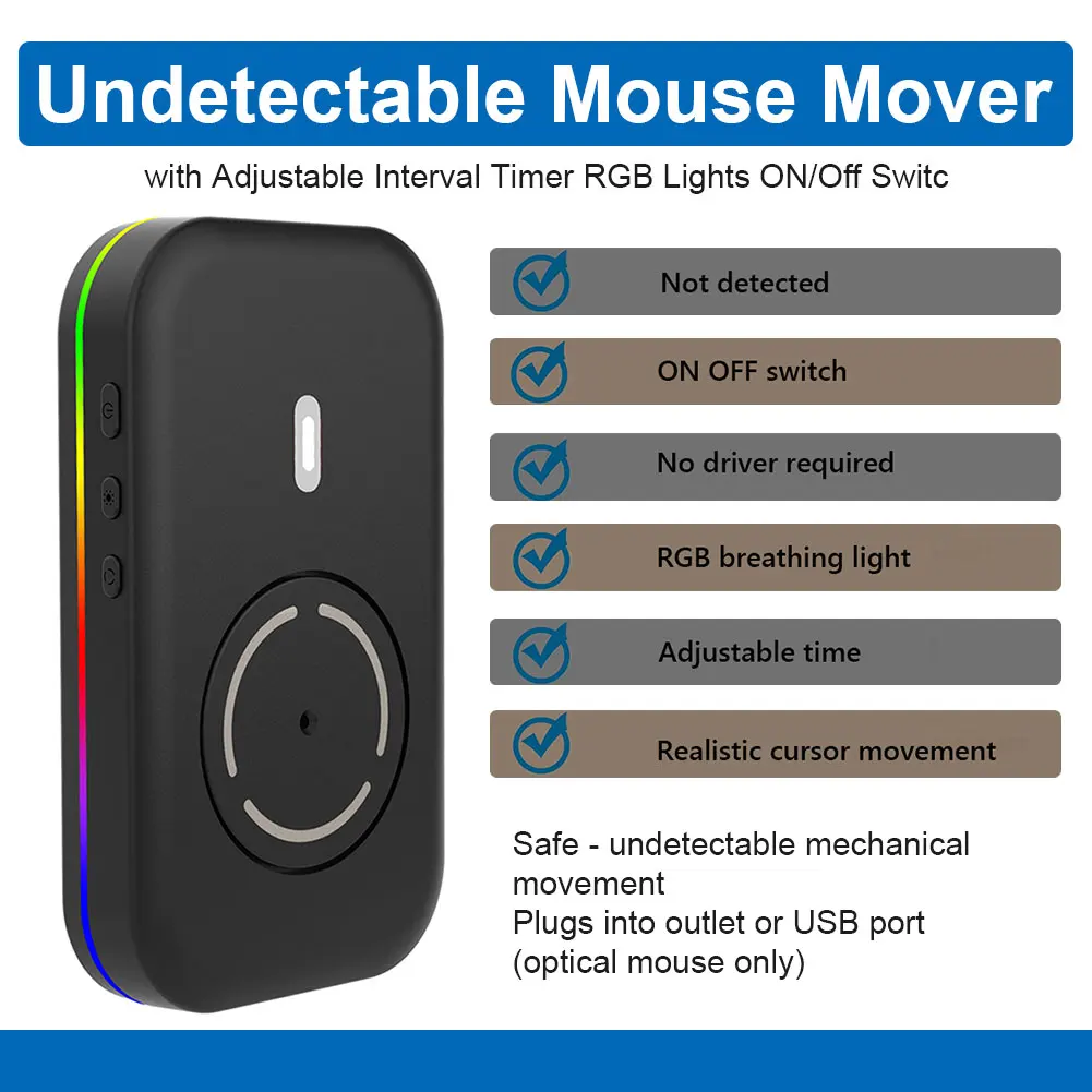 Simulador de Movimiento de Ratón Indetectable, 4 Modos, con Temporizador de Intervalo Ajustable, Interruptor de Encendido/Apagado, Luces RGB, Mantiene el PC Activo