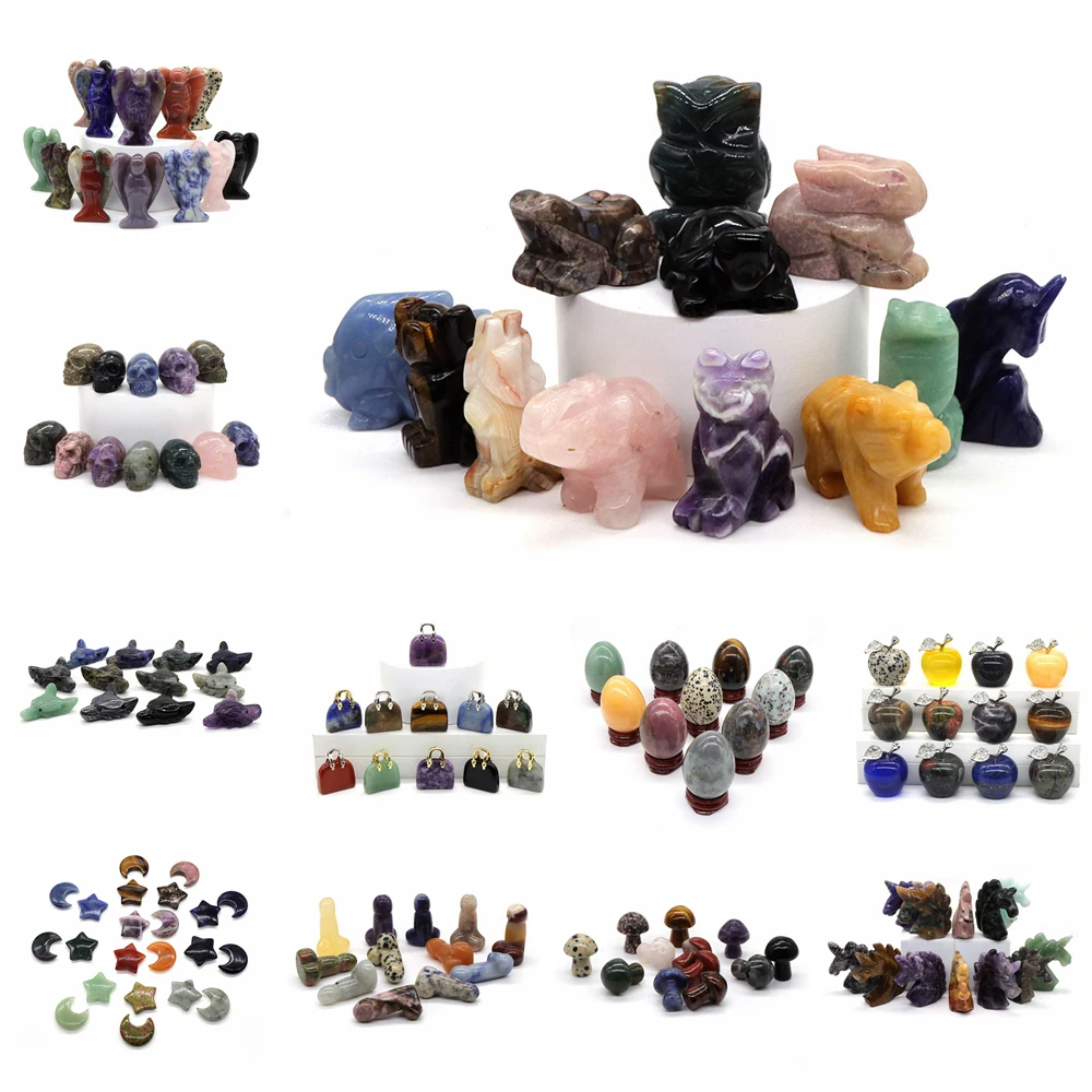 12PC/ Set Mix Natural Random Crystals and Stones Animal Elephant Turtle Bear Figurine Ball Egg Sphere Wolf Angel Pendant Decor