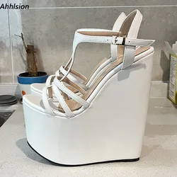 Ahhlsion Handmade Women T-strap Summer Sandals Wedges High Heeled Open Toe Elegant White Party Shoes Ladies US Plus Size 4-15