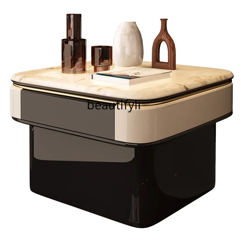 Living room sofa side few microcrystalline stone black square locker tea table light luxury customization02A