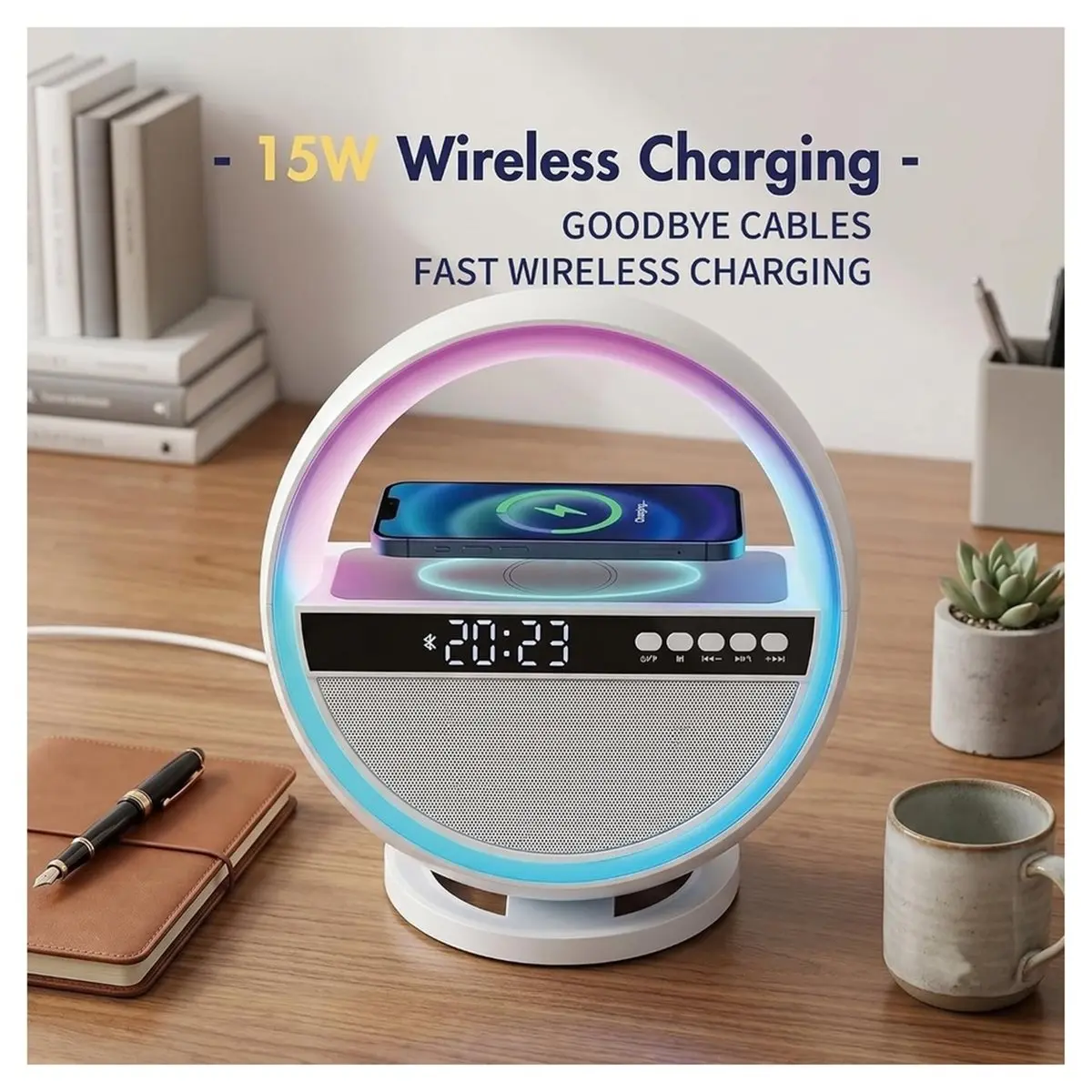 6-in-1 LED Digital Alarm Clock with Wireless Charging, Bluetooth 5.3 Speaker,USB & TF Card Support, Desk Lamp for Home