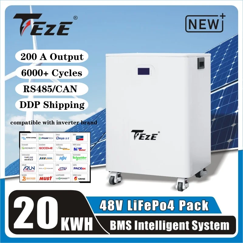 TEZE 20KWH 30KWH 48V 51.2V 16S 400Ah 600Ah LiFePO4 Battery With RS485 CAN Built-in BMS 10KW Output Home Energy Storage System